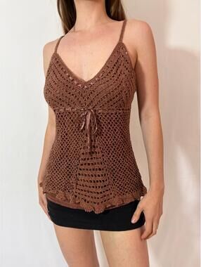 Brown Knit Crochet Y2K Faded Glory RIbbon Cami Top